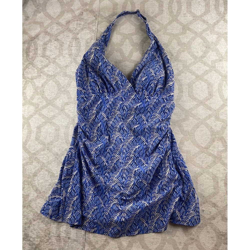 L.L.Bean Slimming Swim Dress Womens 10 Blue Geometric Halter UPF 40+ One Piece